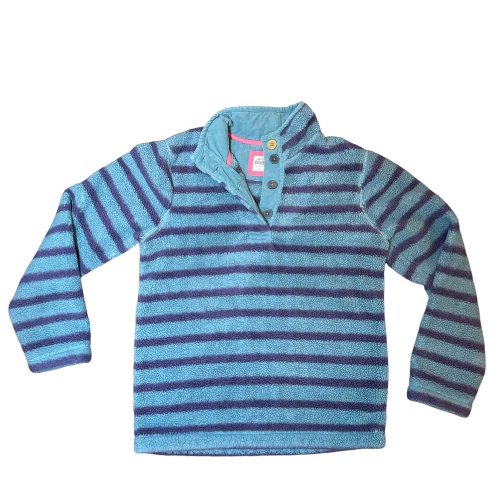Mini Boden 1/4 button up blue striped fuzzy pullover sweater girls size 13-14Y